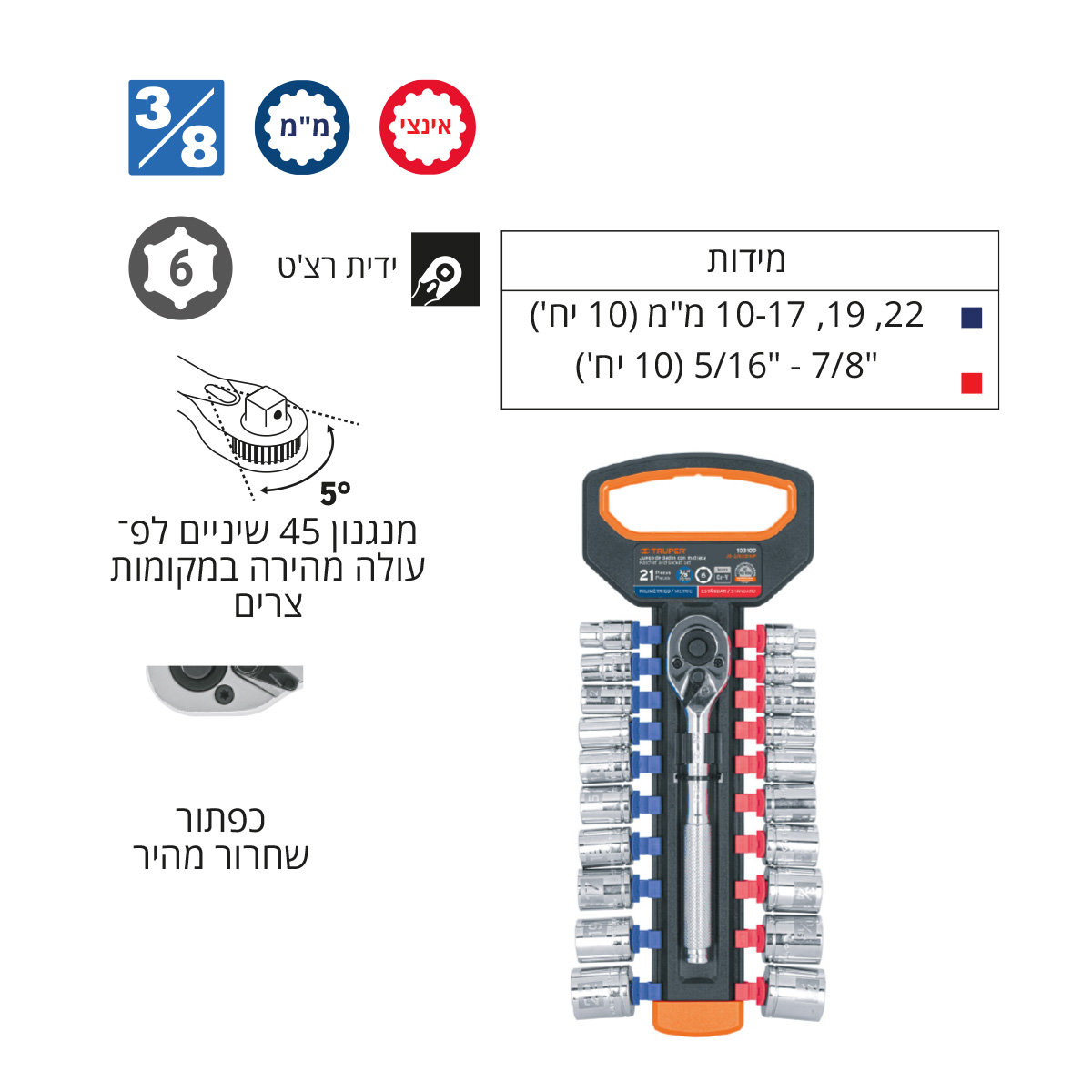 סט בוקסות "3/8 מ"מ + אינצ'י TRUPER CR.V