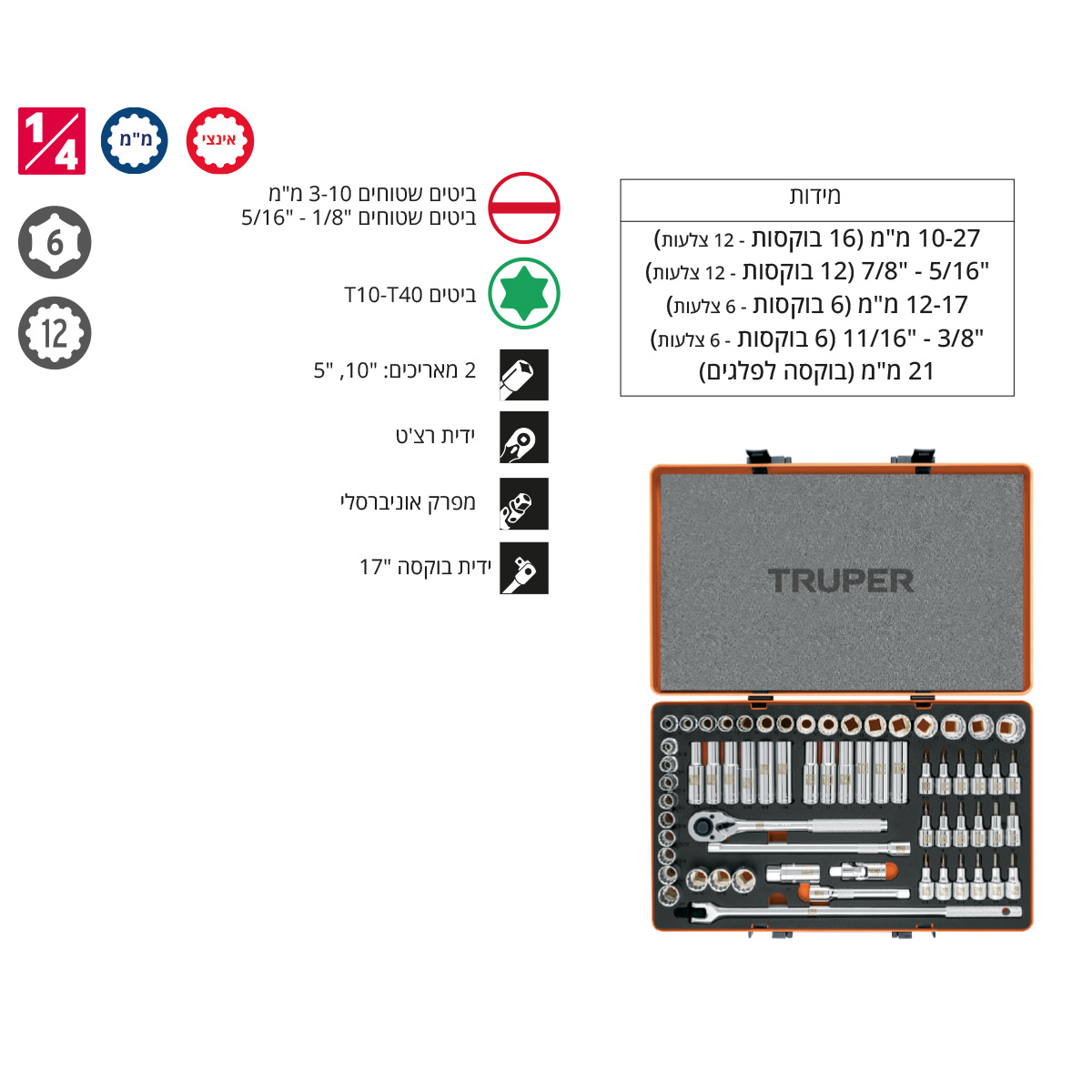 סט בוקסות מקצועי "1/2 מ"מ + אינצי' TRUPER