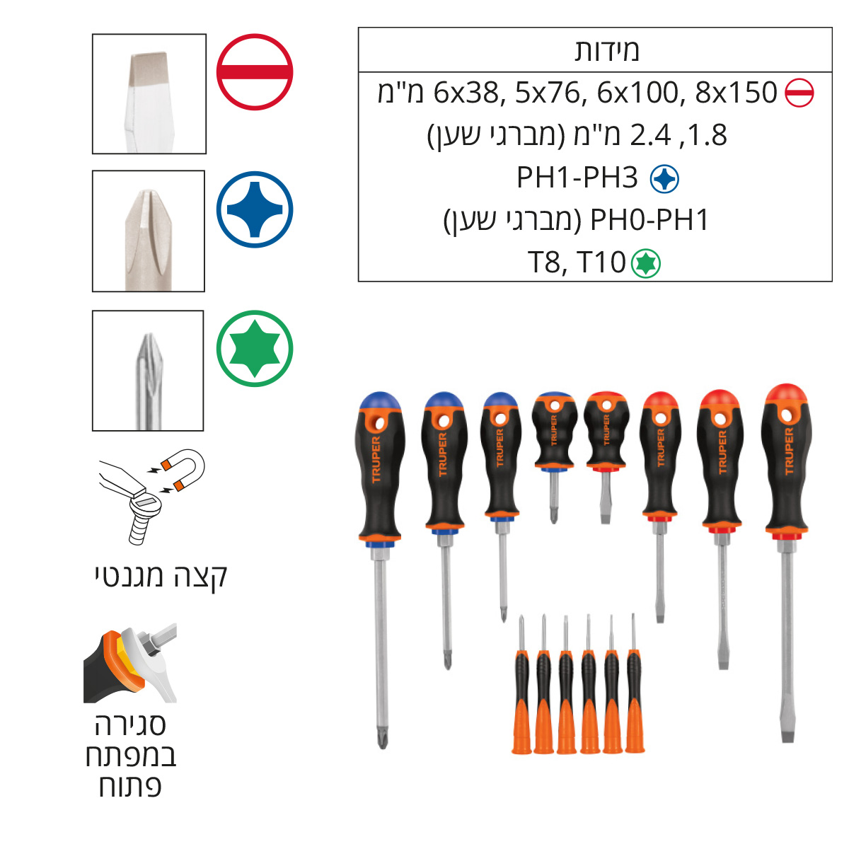 סט ﻿14 מברגים סגירה במפתח TRUPER CR.V