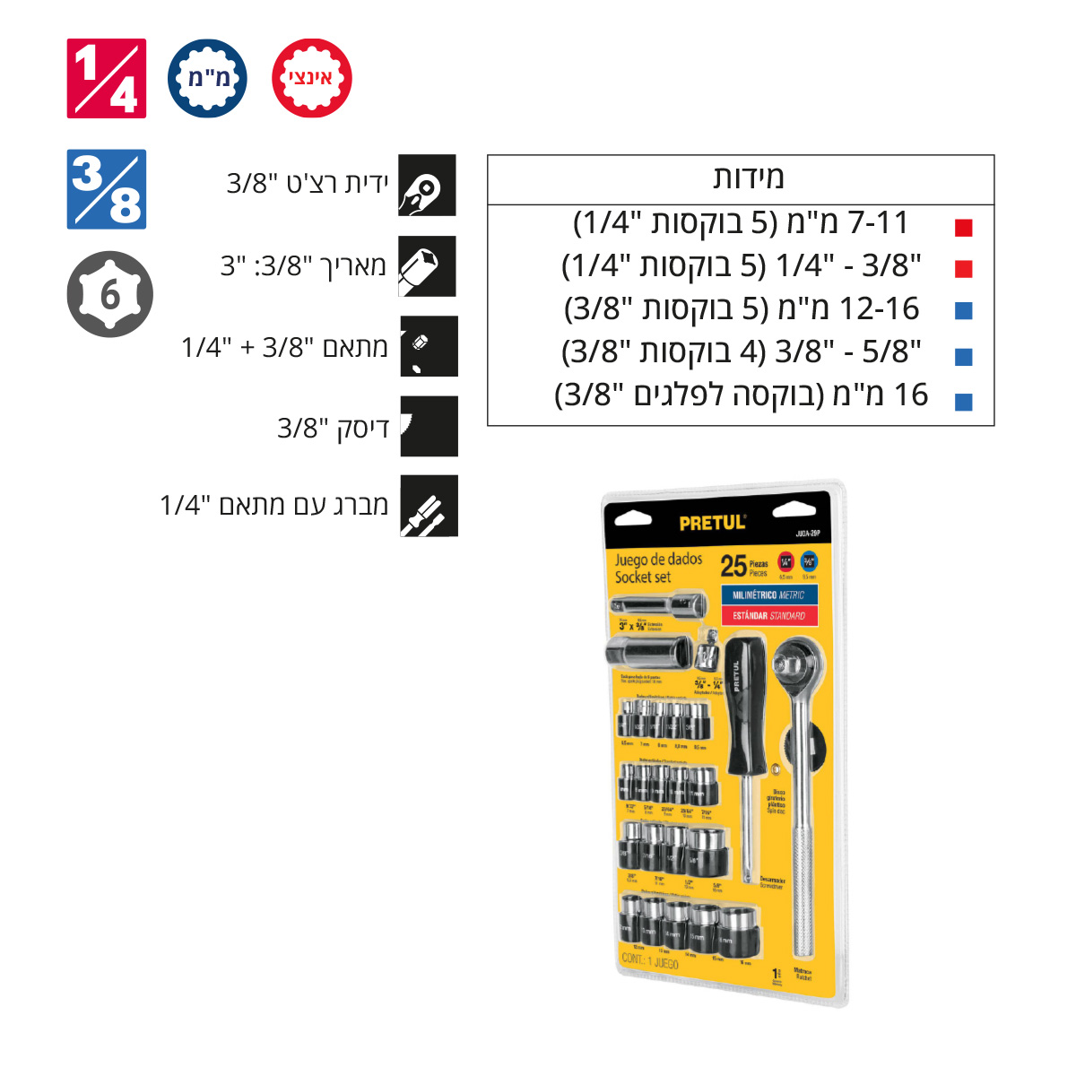 סט בוקסות "3/8 + "1/4 מעורב מ"מ + אינצ'י TRUPER PRETUL