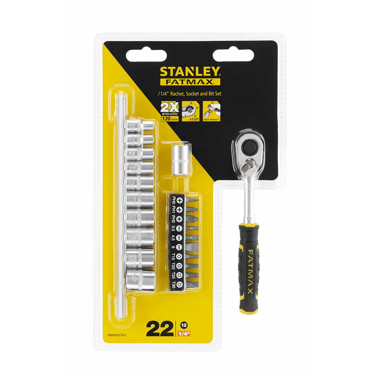 סט בוקסות "1/4 12 צלעות מ"מ + ביטים - 22 חלקים STANLEY FATMAX