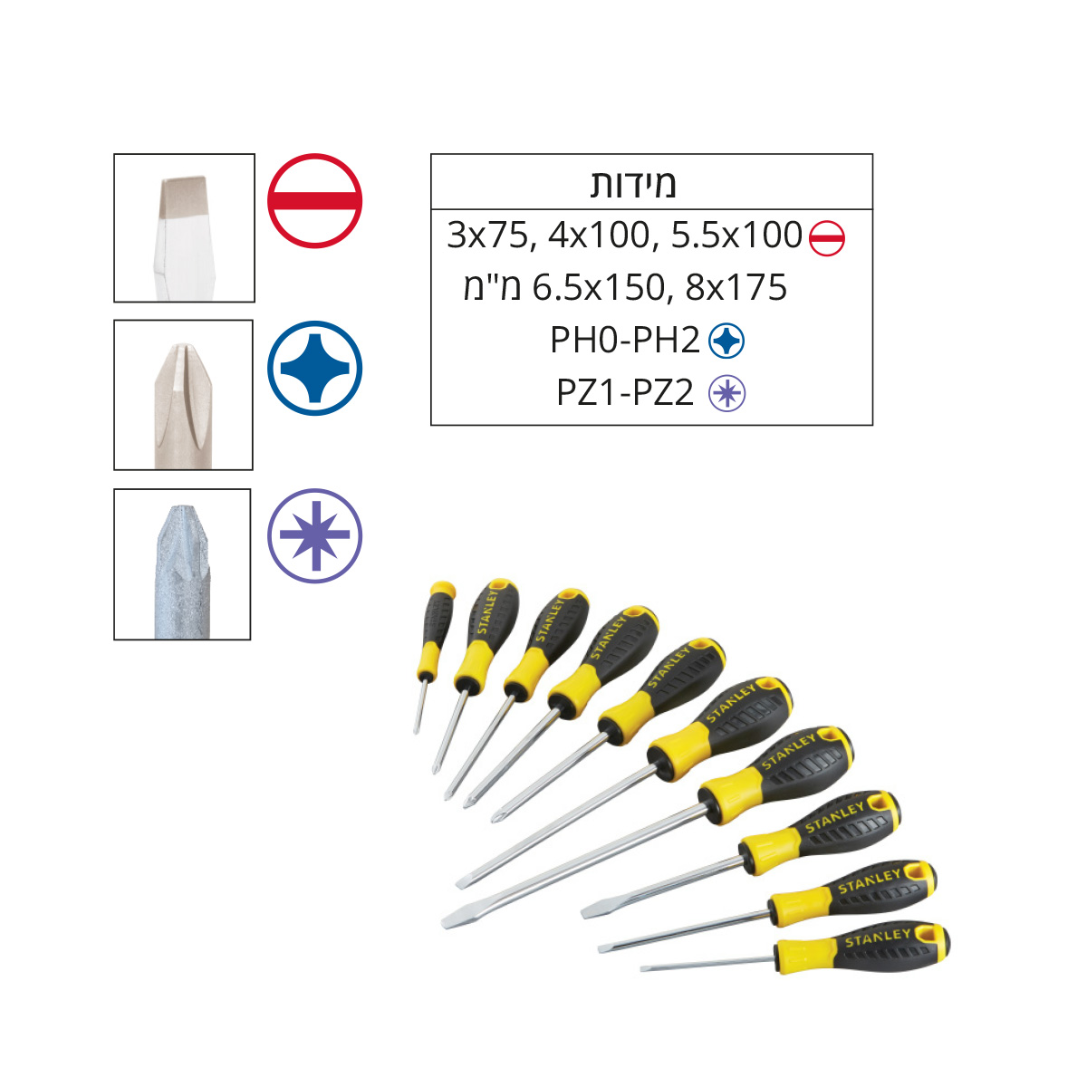 סט 10 מברגים מחוסמים STANLEY CR.V